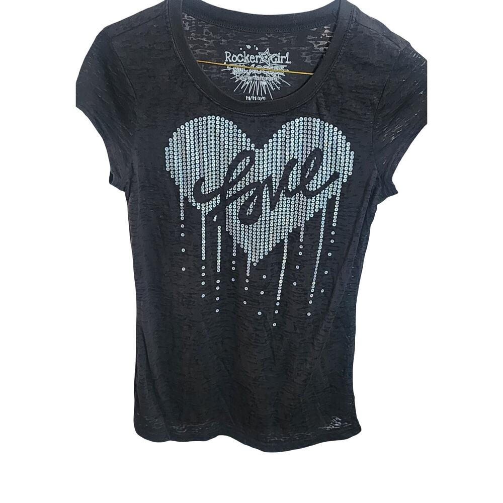 Rocker Girl Y2K Black Burnout Rhinestone Love Heart Graphic Tee Medium